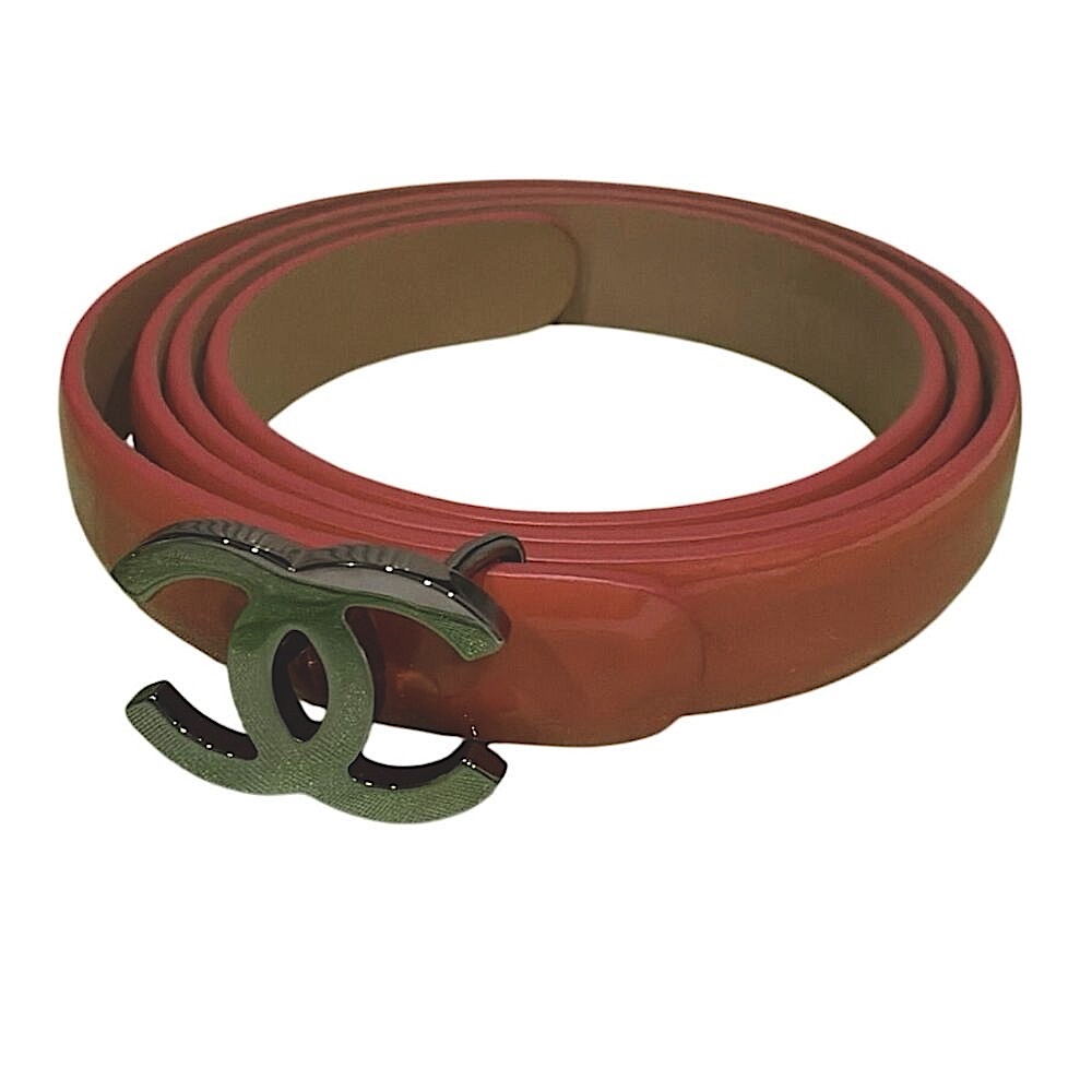 Chanel CC Patent Leather Belt Coral Size 70 B12C Gunmetal Buckle Never Worn